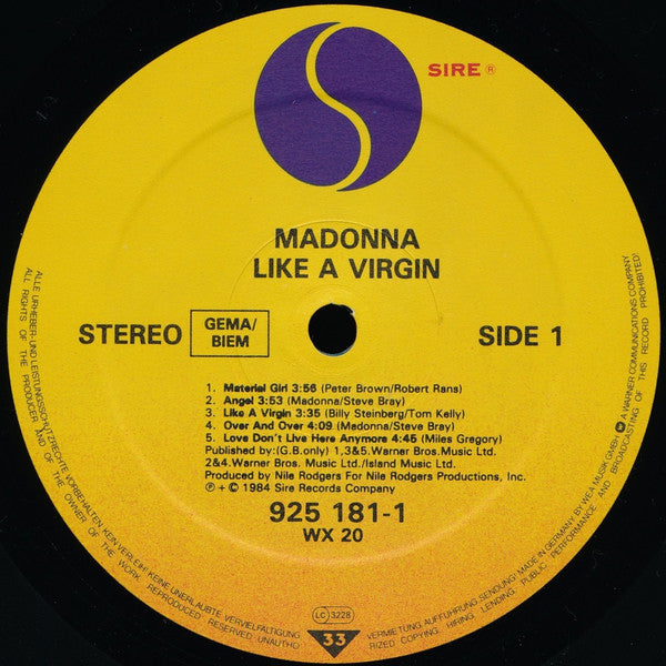 Madonna : Like A Virgin (LP, Album, RE, Tel)