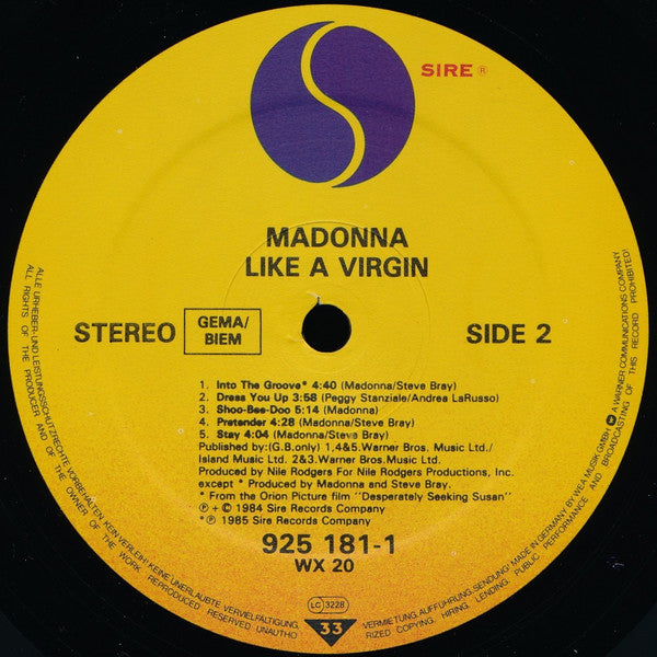 Madonna : Like A Virgin (LP, Album, RE, Tel)