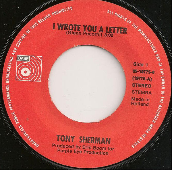 Tony Sherman - I Wrote You A Letter / I'll Be There (7") - De Platen Aap – Vinylwinkel in Brielle & online webshop voor muziekliefhebbers