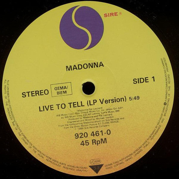 Madonna : Live To Tell (12", Maxi, Pos)