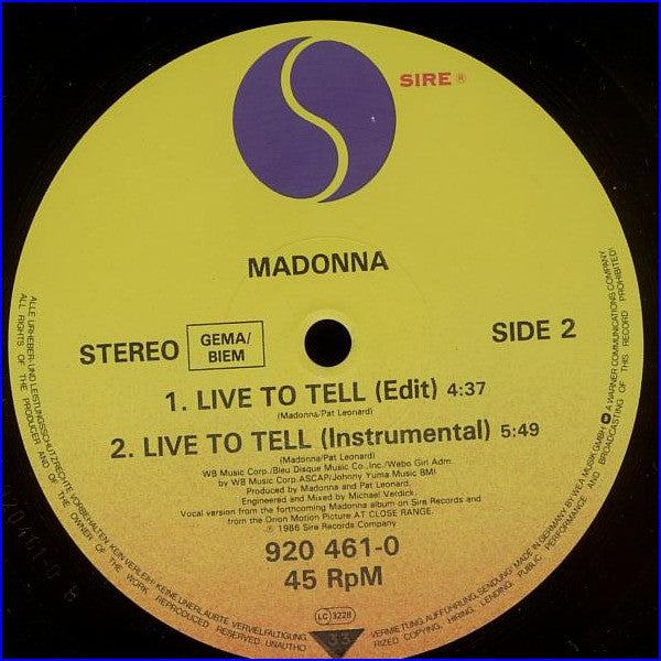Madonna : Live To Tell (12", Maxi, Pos)