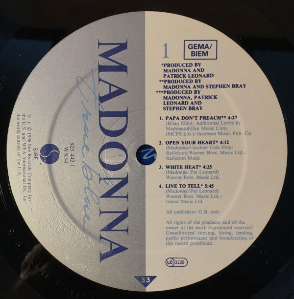 Madonna : True Blue (LP, Album, Tel)