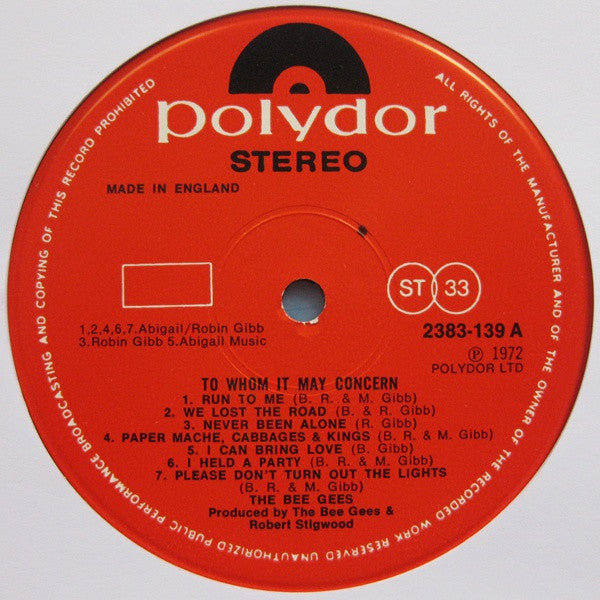 Bee Gees : To Whom It May Concern (LP, Album, Pop)