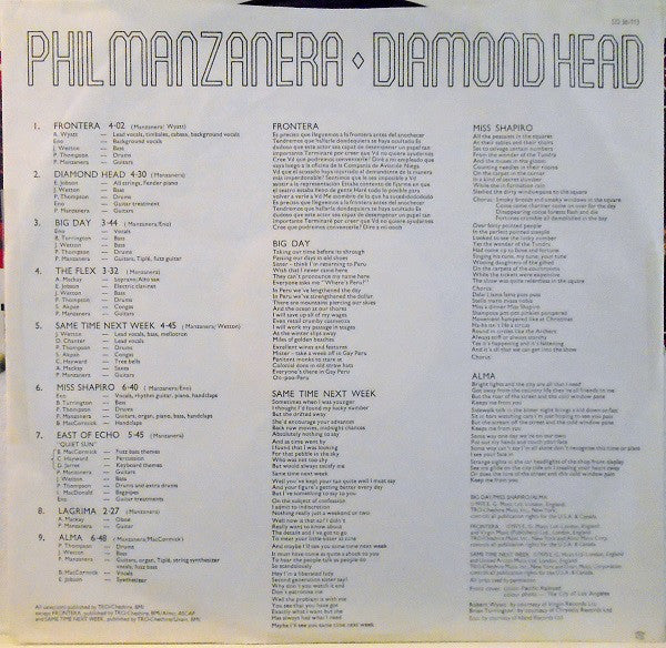 Phil Manzanera : Diamond Head (LP, Album, RI )