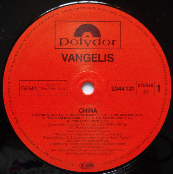 Vangelis : China = 中國 (LP, Album, RE)