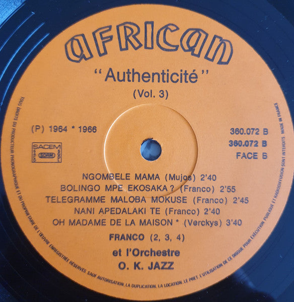 Orchestre O.K. Jazz* : OK Jazz Authenticité Volume 3 (LP, Comp)