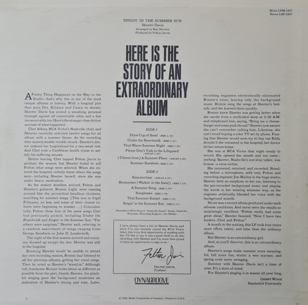 Skeeter Davis : Singin' In The Summer Sun (LP, Album, Ind)