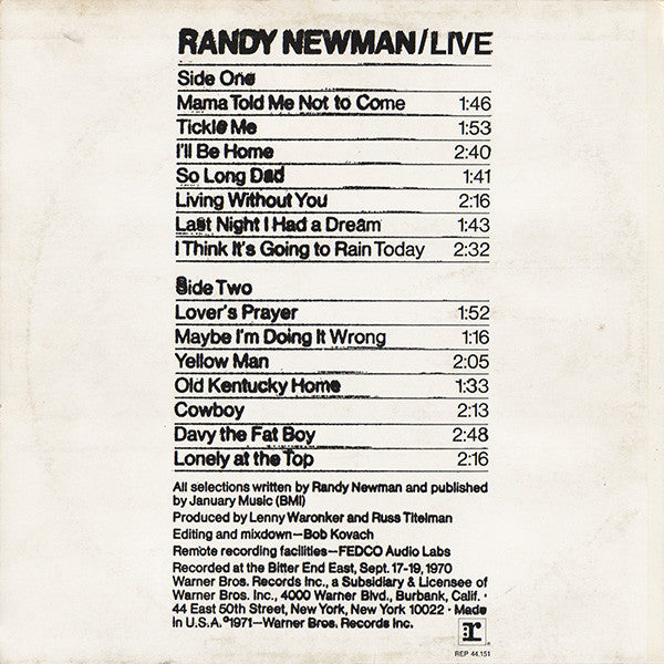 Randy Newman : Live (LP, Album, RE)