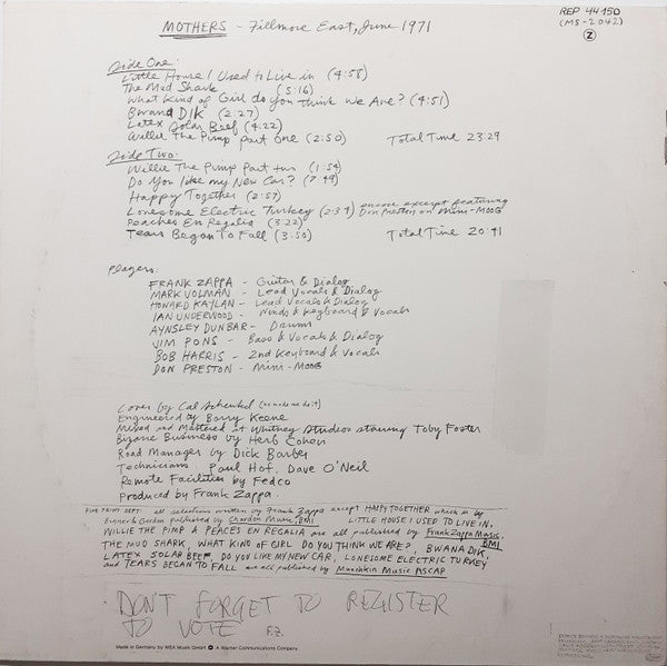 The Mothers : Fillmore East - June 1971 (LP, Album, RP)