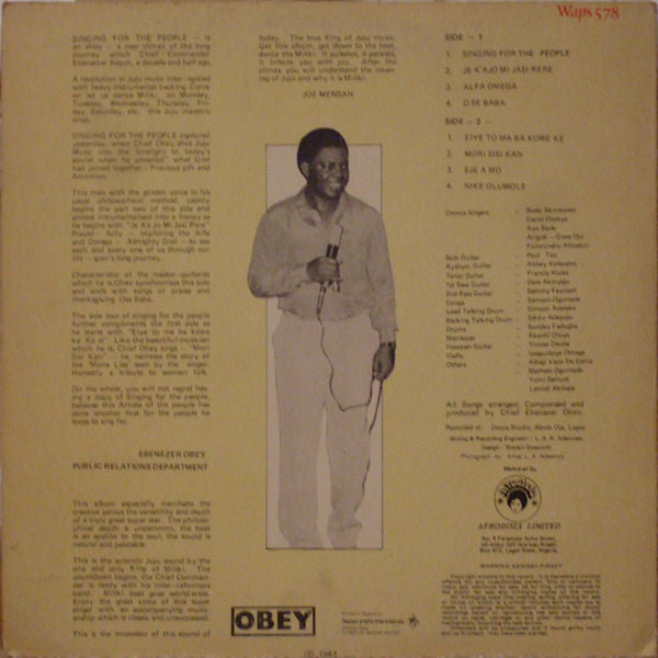 Chief Commander Ebenezer Obey & His Inter-Reformers Band : Singing For The People (LP, Album)
