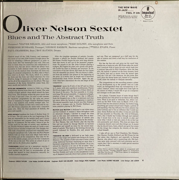 Oliver Nelson Starring Paul Chambers (3), Eric Dolphy, Bill Evans, Roy Haynes, Freddie Hubbard : The Blues And The Abstract Truth (LP, Album, RE, Gat)