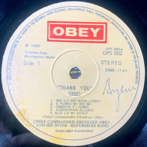 Ebenezer Obey And His Inter-Reformers Band* : Thank You (Ose) (LP, Album)