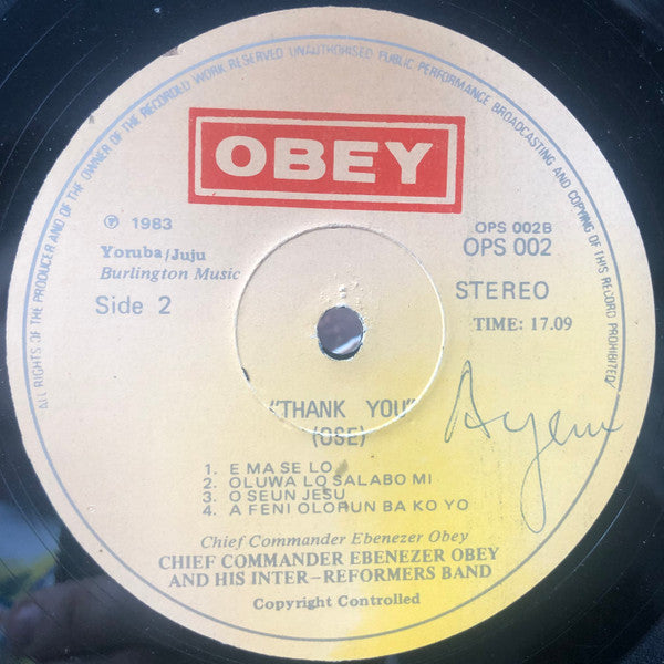Ebenezer Obey And His Inter-Reformers Band* : Thank You (Ose) (LP, Album)