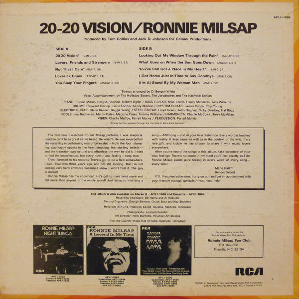 Ronnie Milsap : 20-20 Vision (LP, Album, Bla)