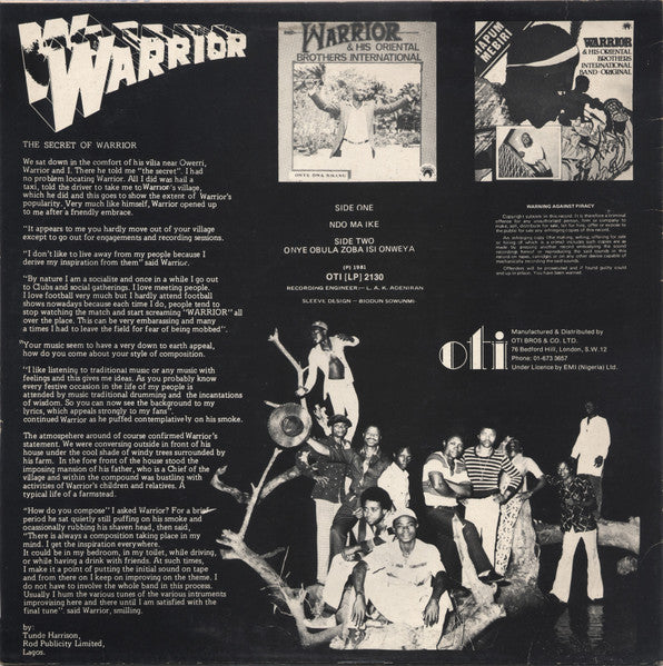 Sir Warrior* And His Oriental Brothers International Band-Original* : My Success - Onye Obula Zoba Isi Onweya (LP, Album)
