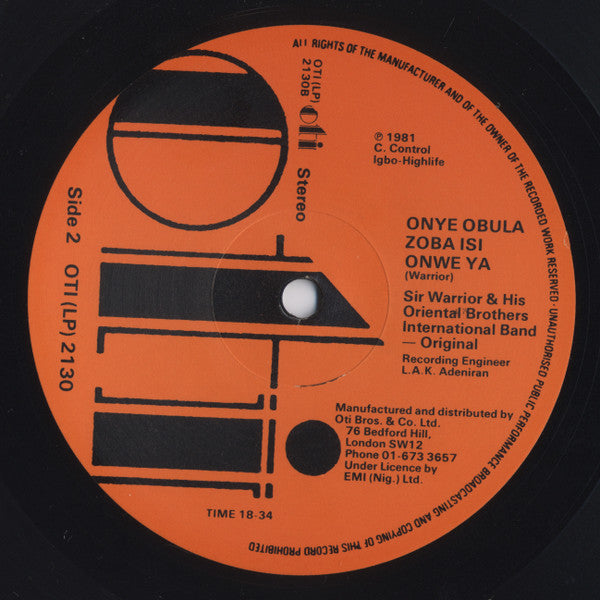 Sir Warrior* And His Oriental Brothers International Band-Original* : My Success - Onye Obula Zoba Isi Onweya (LP, Album)