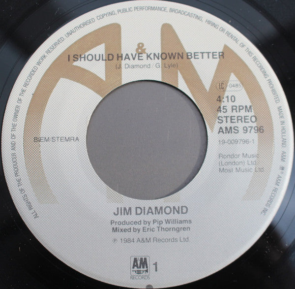 Jim Diamond - I Should Have Known Better (7", Single) - De Platen Aap – Vinylwinkel in Brielle & online webshop voor muziekliefhebbers