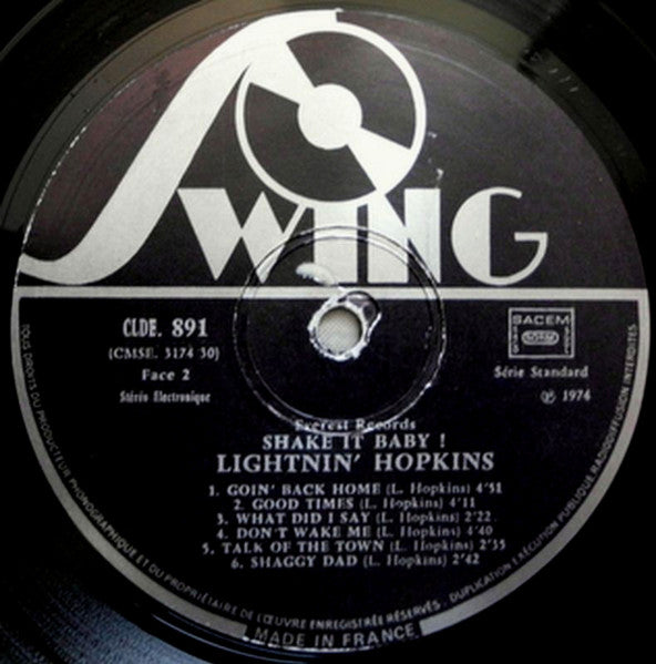 Lightnin' Hopkins : Shake It Baby!  (LP, Album, RE)
