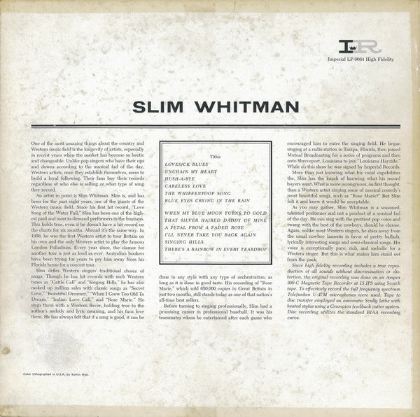 Slim Whitman : Slim Whitman Sings (LP,Album,Mono)