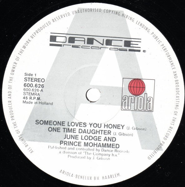 June Lodge And Prince Mohammed : Someone Loves You Honey/One Time Daughter (12" Disco Version) (12", Pic)