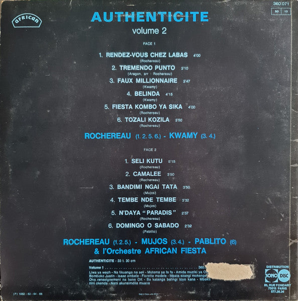 African Fiesta*, Tabu Ley Rochereau, Mujos, Pablito (2) : Authenticité - Vol. 2 (LP, Comp)