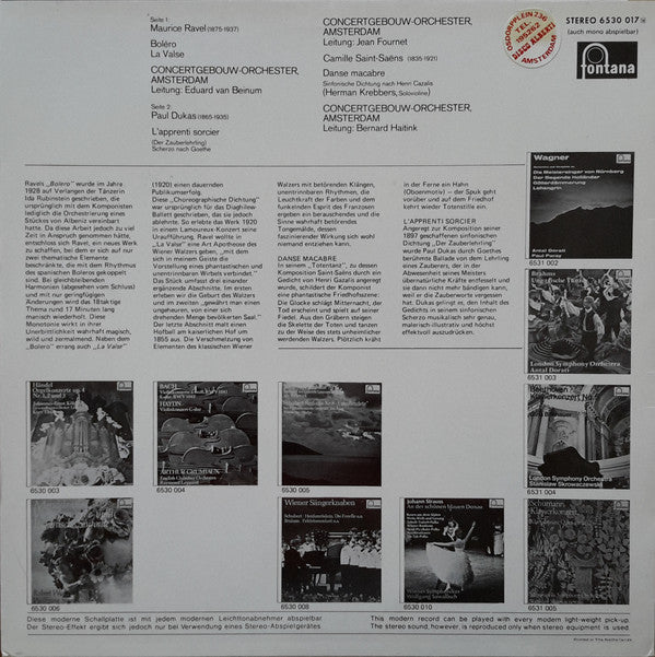 Ravel*, Dukas*, Saint-Saëns*, Concertgebouw-Orchester, Amsterdam*, Eduard van Beinum, Jean Fournet, Bernard Haitink : Ravel: Boléro, La Valse / Dukas: L'Apprenti Sorcier / Saint-Saëns: Danse Macabre (LP, Comp)