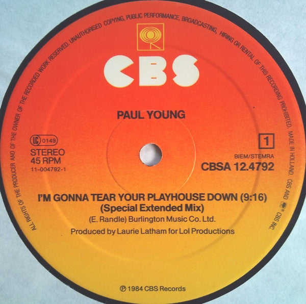 Paul Young - I'm Gonna Tear Your Playhouse Down (12", Maxi) - De Platen Aap – Vinylwinkel in Brielle & online webshop voor muziekliefhebbers