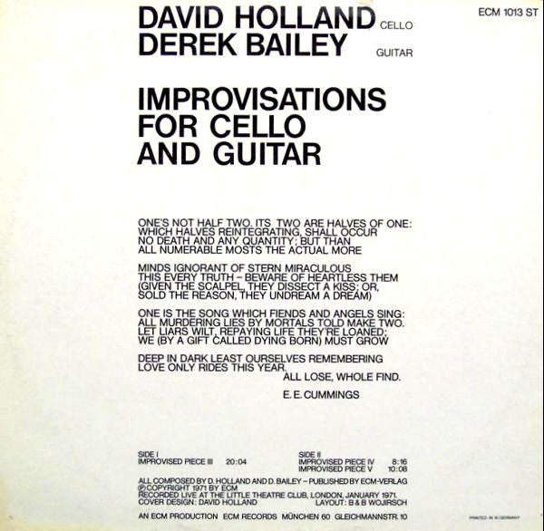 David Holland* / Derek Bailey : Improvisations For Cello And Guitar (LP, Album)
