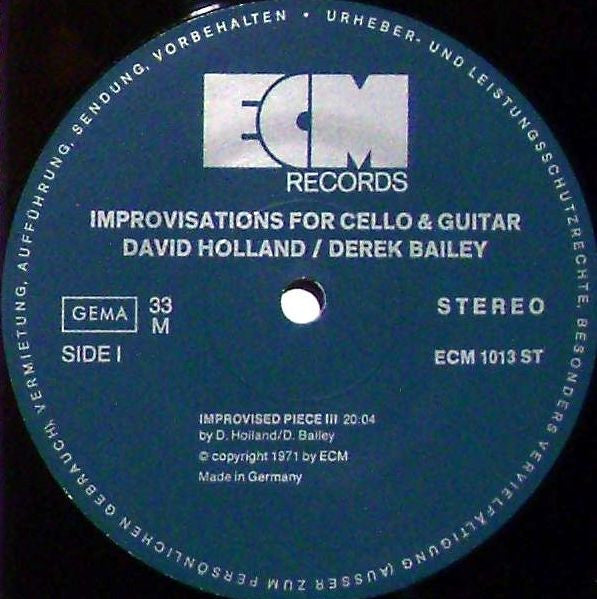 David Holland* / Derek Bailey : Improvisations For Cello And Guitar (LP, Album)