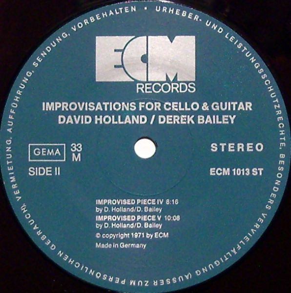 David Holland* / Derek Bailey : Improvisations For Cello And Guitar (LP, Album)