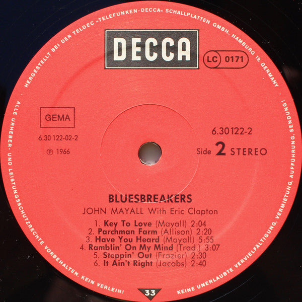 John Mayall With Eric Clapton : Blues Breakers (LP, Album, RE)