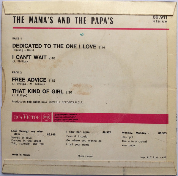 The Mama's And The Papa's* : Dedicated To The One I Love (7", EP)