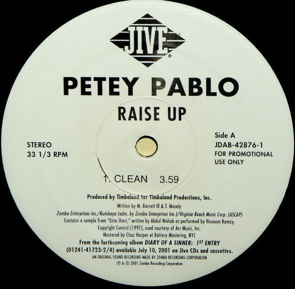 Petey Pablo - Raise Up (12", Promo) - De Platen Aap – Vinylwinkel in Brielle & online webshop voor muziekliefhebbers