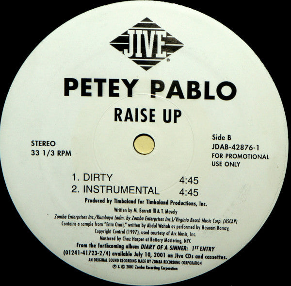 Petey Pablo - Raise Up (12", Promo) - De Platen Aap – Vinylwinkel in Brielle & online webshop voor muziekliefhebbers
