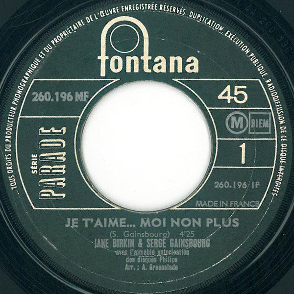 Jane Birkin Avec Serge Gainsbourg : Je T'aime... Moi Non Plus (7", Single, Mono, Gre)