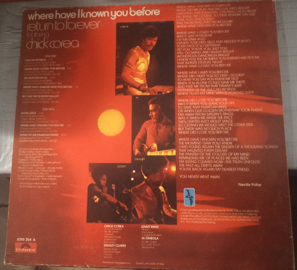 Return To Forever Featuring Chick Corea : Where Have I Known You Before (LP, Album)