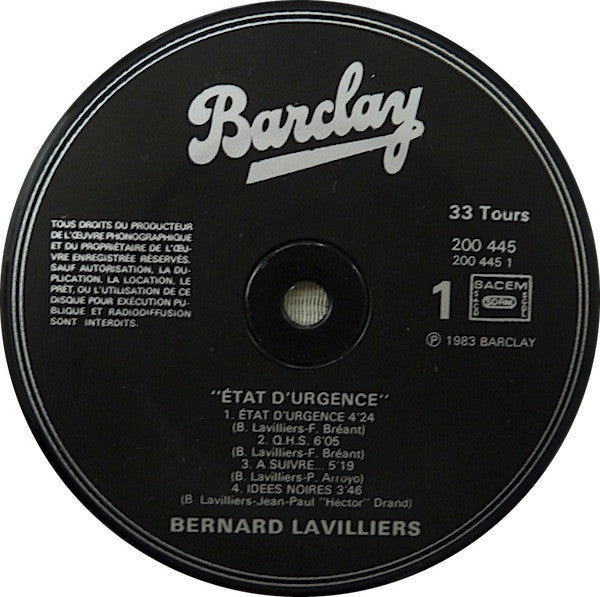 Bernard Lavilliers : État D'urgence (LP, Album, Emb)