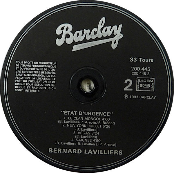 Bernard Lavilliers : État D'urgence (LP, Album, Emb)
