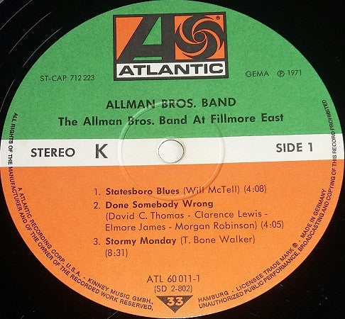 The Allman Brothers Band : The Allman Brothers Band At Fillmore East (2xLP, Album, RE, Gat)