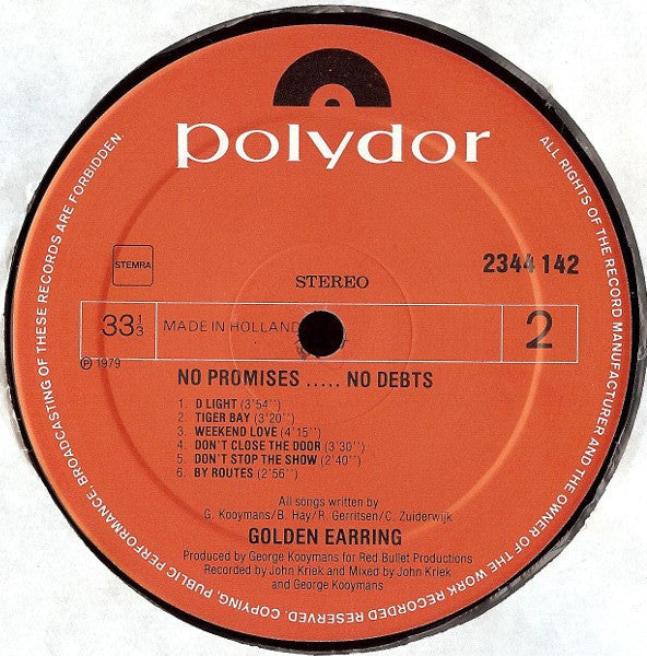 Golden Earring - No Promises ... No Debts (LP, Album) - De Platen Aap – Vinylwinkel in Brielle & online webshop voor muziekliefhebbers