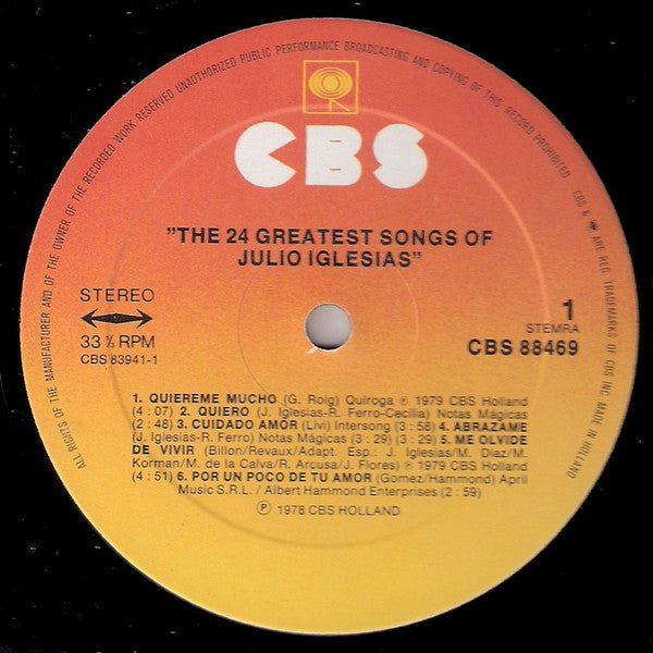 Julio Iglesias : The 24 Greatest Songs (2xLP, Comp, Gat)
