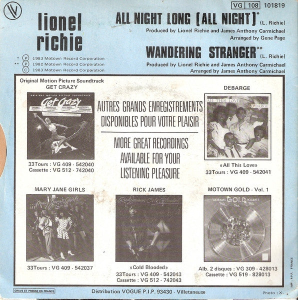Lionel Richie - All Night Long (All Night) (7", Single) - De Platen Aap – Vinylwinkel in Brielle & online webshop voor muziekliefhebbers