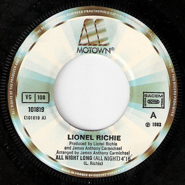 Lionel Richie - All Night Long (All Night) (7", Single) - De Platen Aap – Vinylwinkel in Brielle & online webshop voor muziekliefhebbers