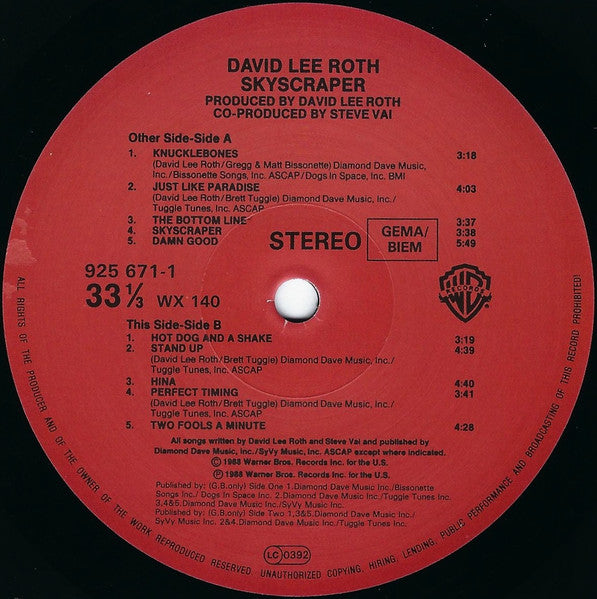 David Lee Roth : Skyscraper (LP, Album)