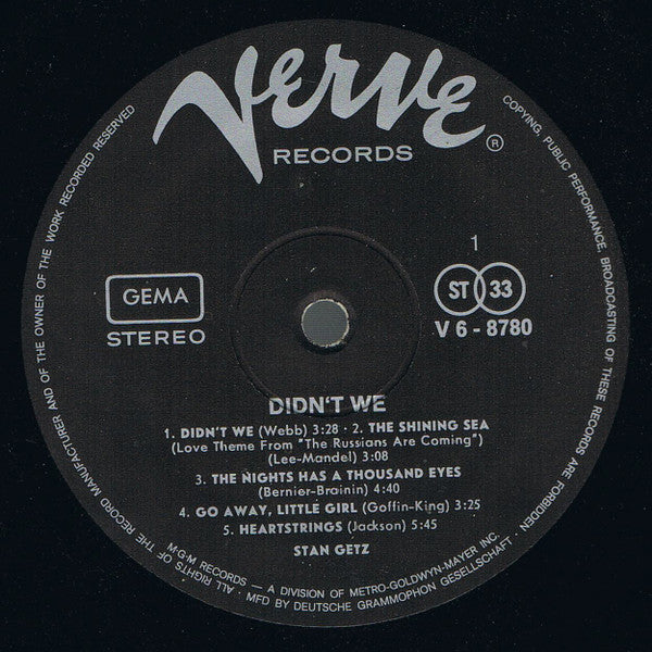 Stan Getz - Didn't We (LP, Album) - De Platen Aap – Vinylwinkel in Brielle & online webshop voor muziekliefhebbers