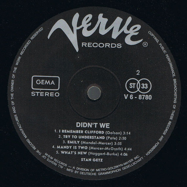 Stan Getz - Didn't We (LP, Album) - De Platen Aap – Vinylwinkel in Brielle & online webshop voor muziekliefhebbers