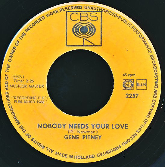 Gene Pitney : Nobody Needs Your Love (7", Single)
