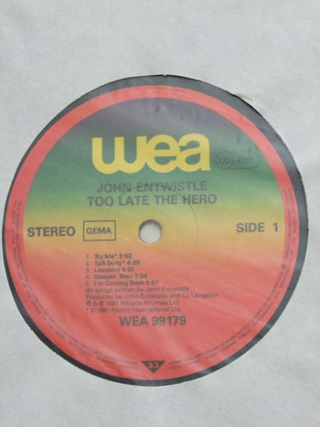 John Entwistle : Too Late The Hero (LP, Album)