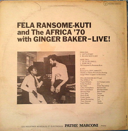 Fela Ransome-Kuti* and The Africa '70* with Ginger Baker : Live! (LP, Album)