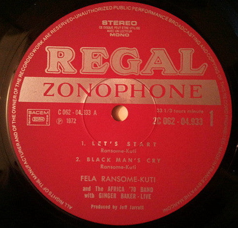 Fela Ransome-Kuti* and The Africa '70* with Ginger Baker : Live! (LP, Album)